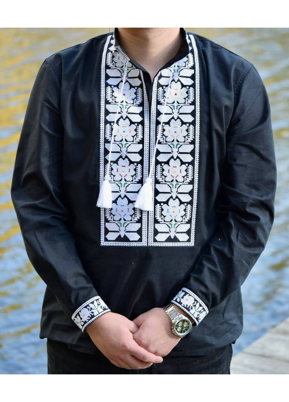 Чорна борщівська чоловіча вишиванка на чорній тканині Lelyk візерунок квітковий вільна бавовна (365783513)