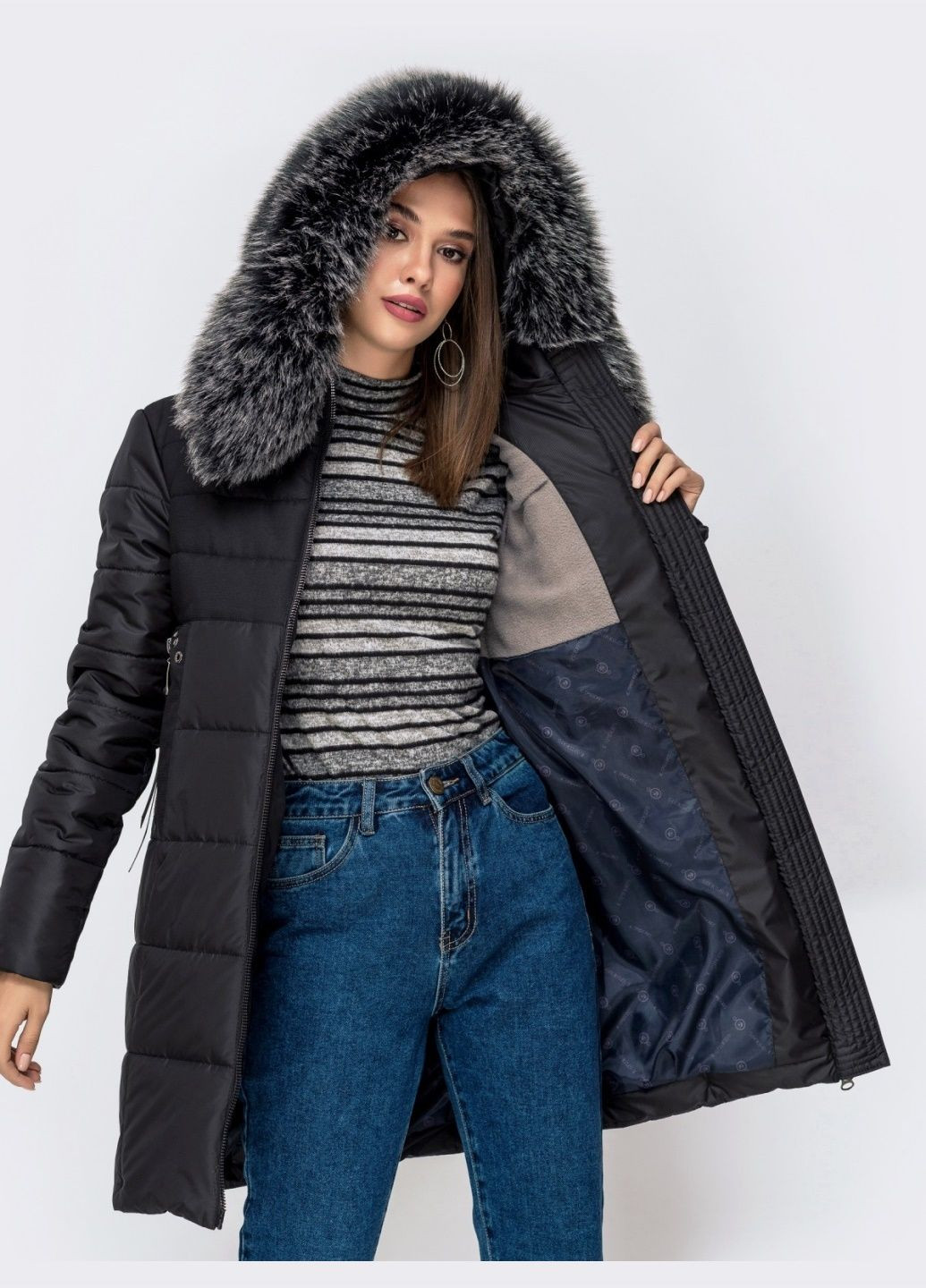 Чорна зимня зимова куртка з вшитим капюшоном і знімним хутром Dressa
