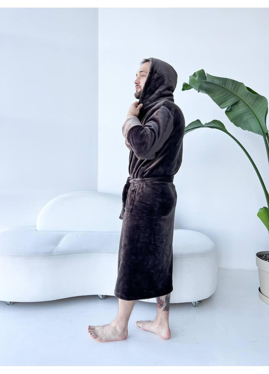 Мужской теплый халат / Халат мужской мягкий с капюшоном, коричневый / Мужской велюровый халат с поясом и карман No Brand (367610225)