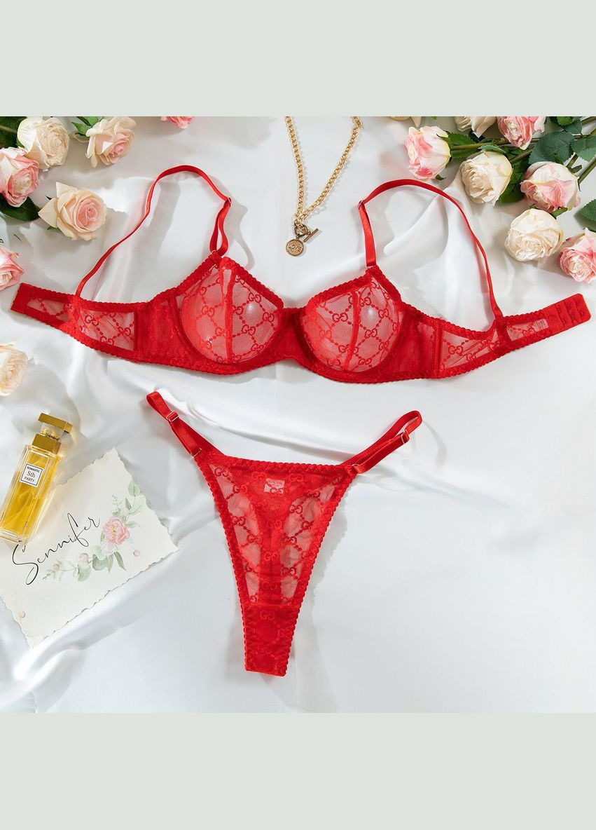 Червоний демісезонний сітчастий комплект нижньої білизни з фірмовим принтом регульовані трусики та бюстгальтер з кісточками No Brand Комплект білизни