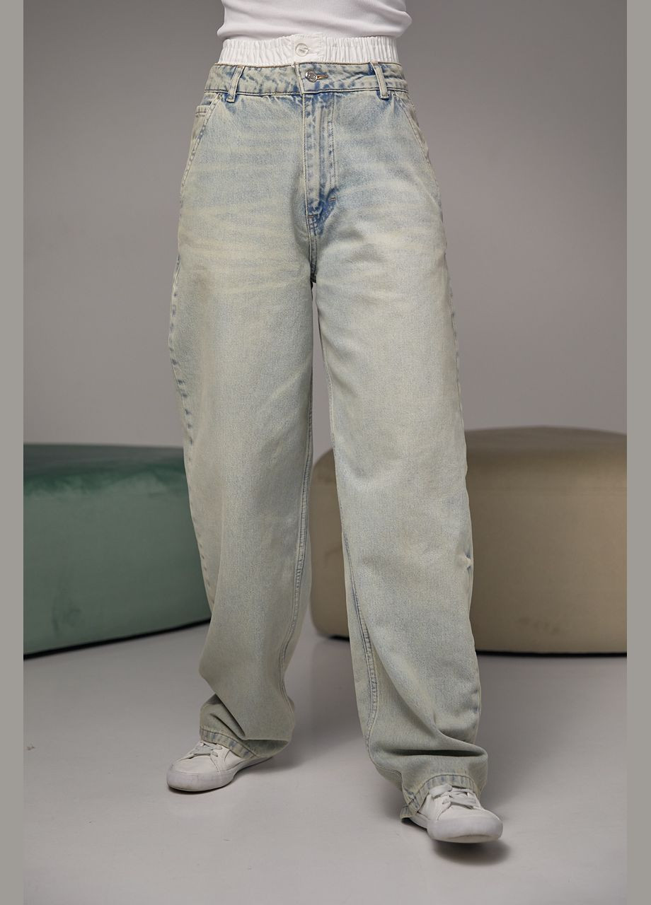 Голубая демисезон джинсы женские wide leg с двойным поясом - голубой Lurex