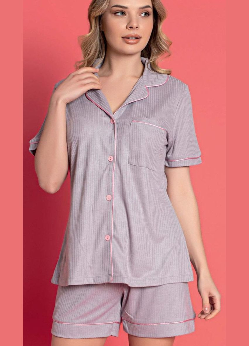 Сиреневая всесезон женская пижама на пуговицах рубашка + шорты No Brand