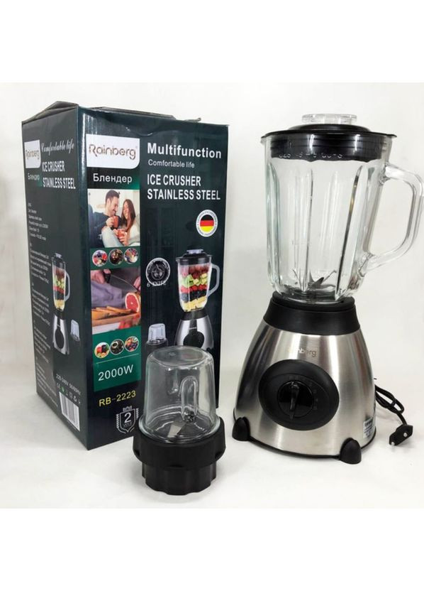 Блендер-подрібнювач стаціонарний з кавомолкою RB-2223, 2000 Вт, зі скляною чашею, імпульсний режим – для коктейлів Rainberg (360648104)