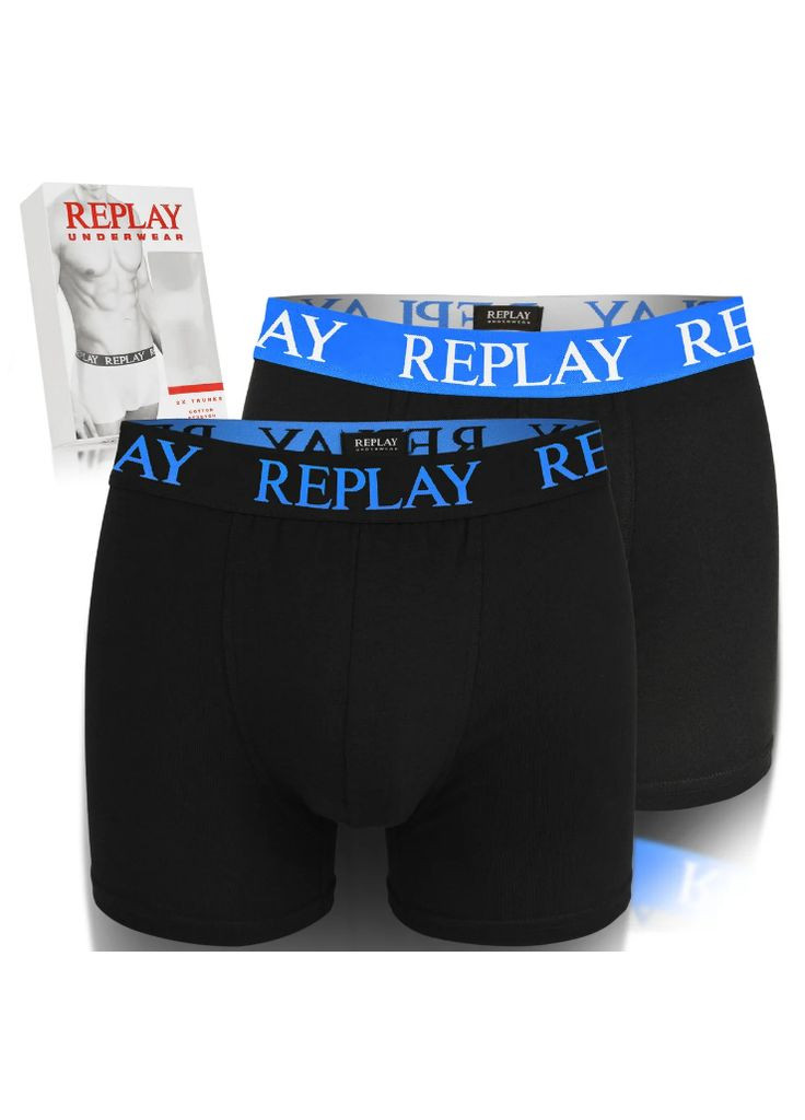 Мужские анатомические трусы боксеры (2 шт) цвет черный, резинка насыщенно-синяя. Италия Replay Боксери (323220865)