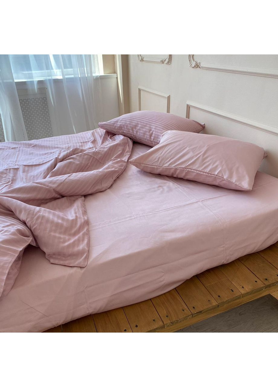 Постельное белье с резинкой Пудра страйп + однотонный сатин PREMIUM Полуторный размер, наволочки 70/70 No Brand (364219411)