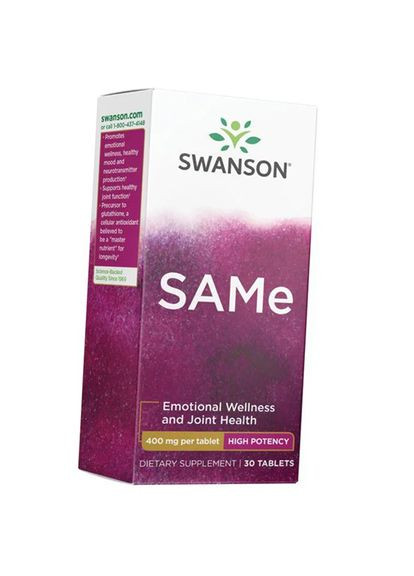Sаденозил-L-метионин, SAMe High Potency 400, 30таб (72280039) Swanson (277172226)