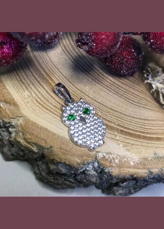 Кулон срібний тематичний сова з зеленими очима та білими фіанітами по формі No Brand (333705450)