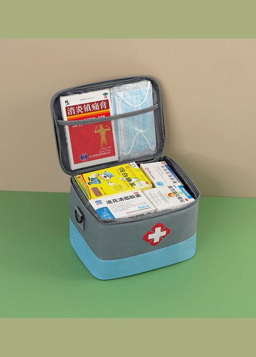 Аптечка, сумка-органайзер для медикаментів Середня 26 x 20 x 18 см з ременем Сіра з блакитним ( код: IBC003MSZ ) No Brand (334689349)