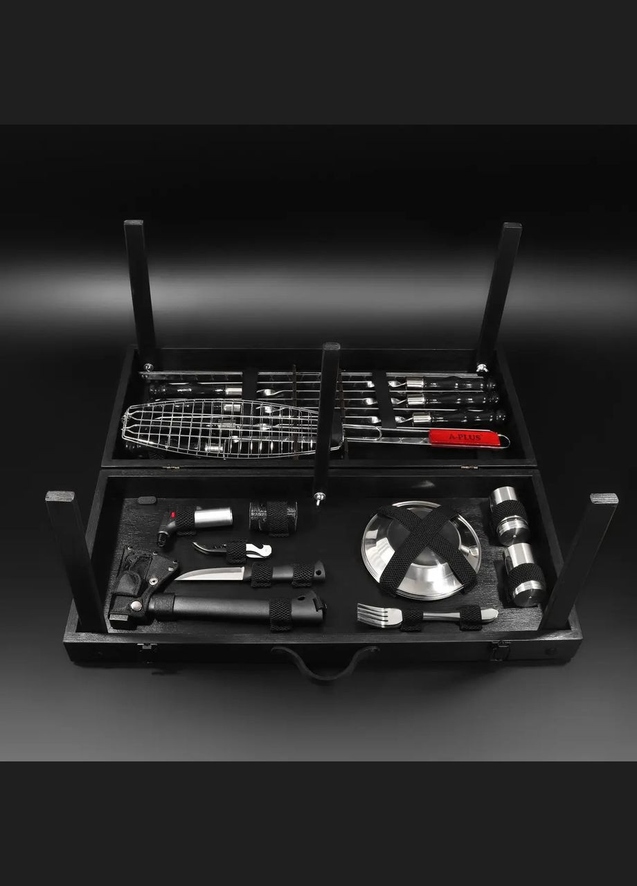 Шашличний набір-комплект з столиком на 6 шампурів "Grills " Чорний | 30 предметів Handmade G16 (342745322)