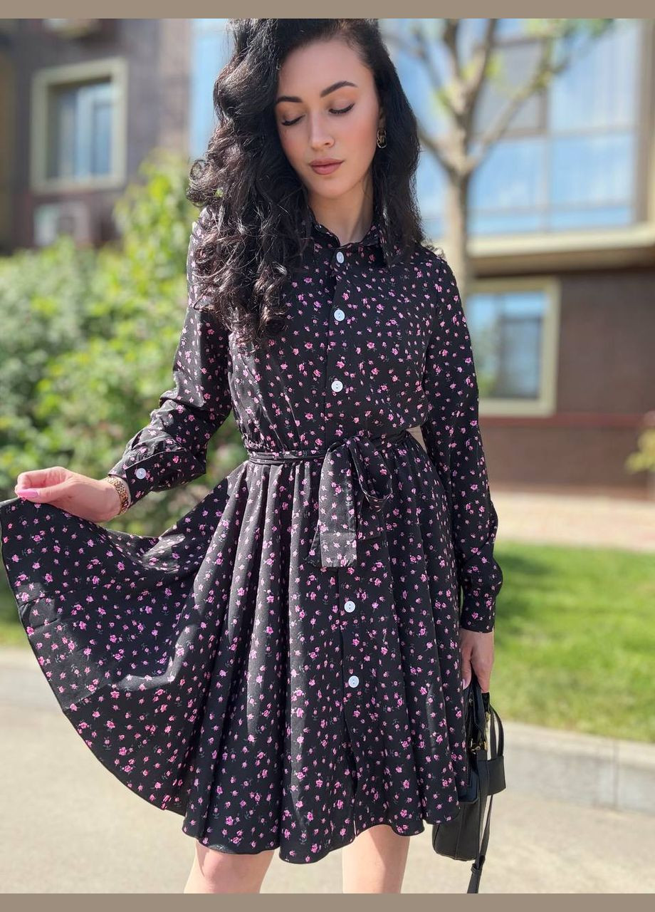 Черное повседневный женское платье-рубашка рубашка Україна с цветочным принтом