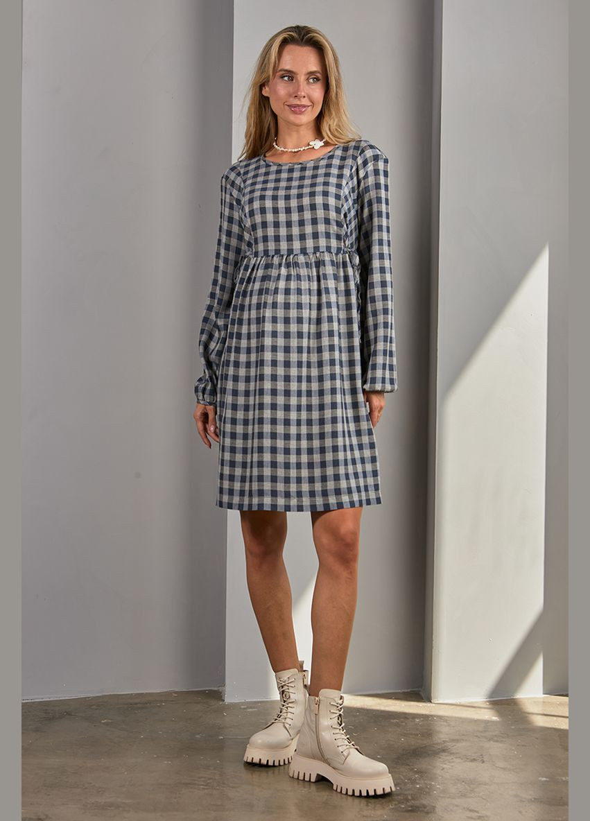 Серо-синее платье для беременных и кормящих в клетку с секретом кормления серо-синее Юла мама в клетку