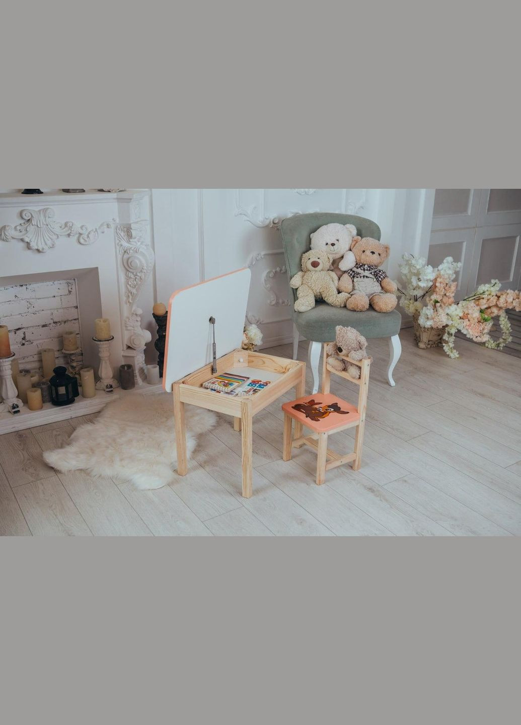 Детский розовый столик с ящиком и стульчиком Оленя. Стол для игр и учебы No Brand (323223369)