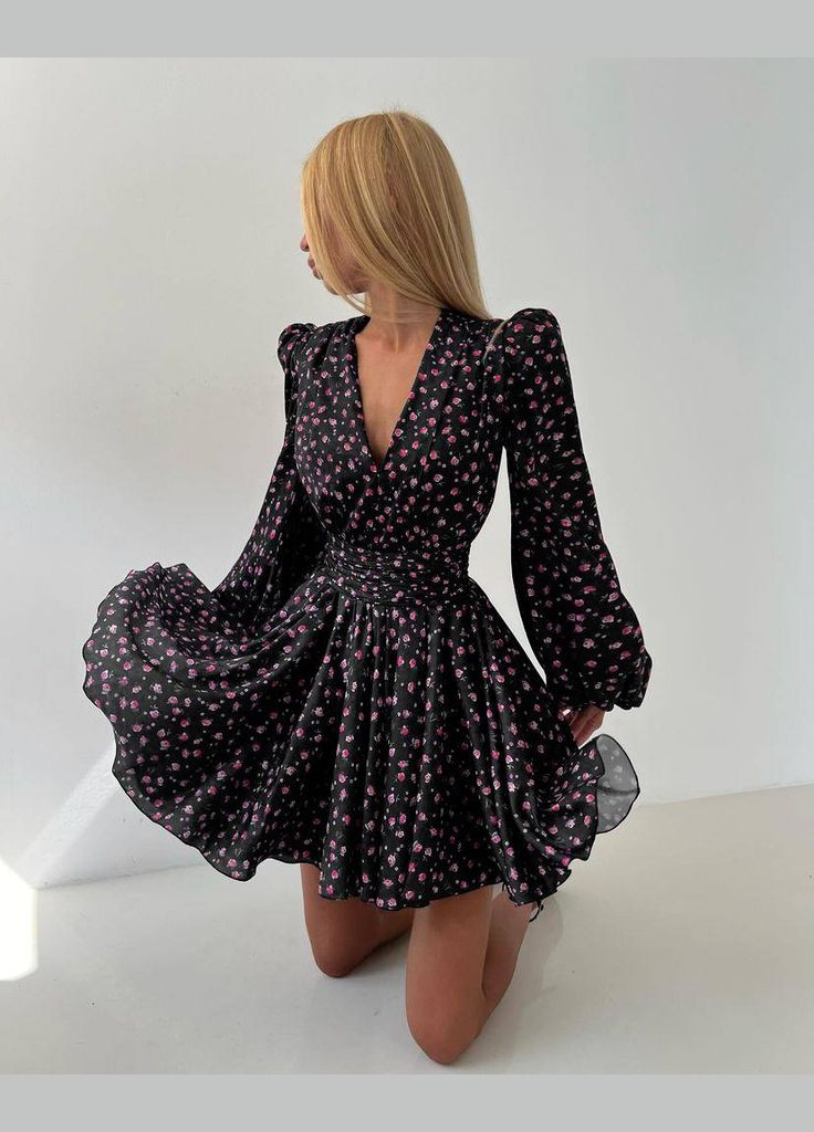 Чорна повсякденний сукня з квітковим принтом з спідницею-сонце No Brand з квітковим принтом