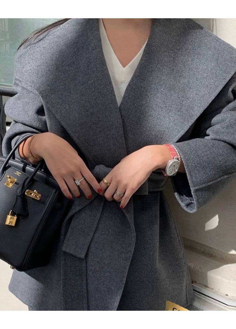 Сіре демісезонне Вкорочене пальто автоледі з поясом — ЗАМІР В ОПИСІ GD/GL Модний простір