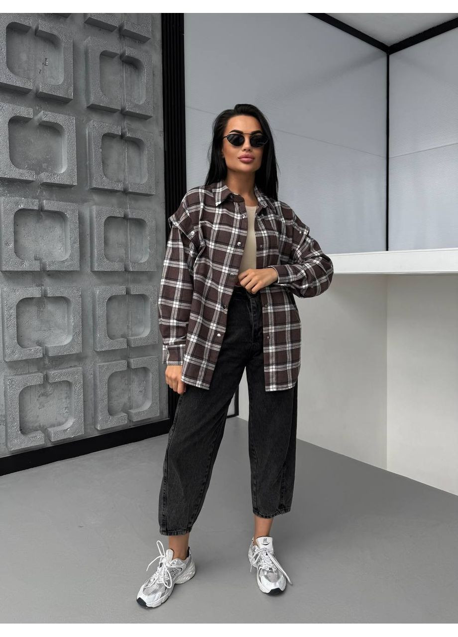 Коричневая повседневный рубашка в клетку Vione с длинным рукавом