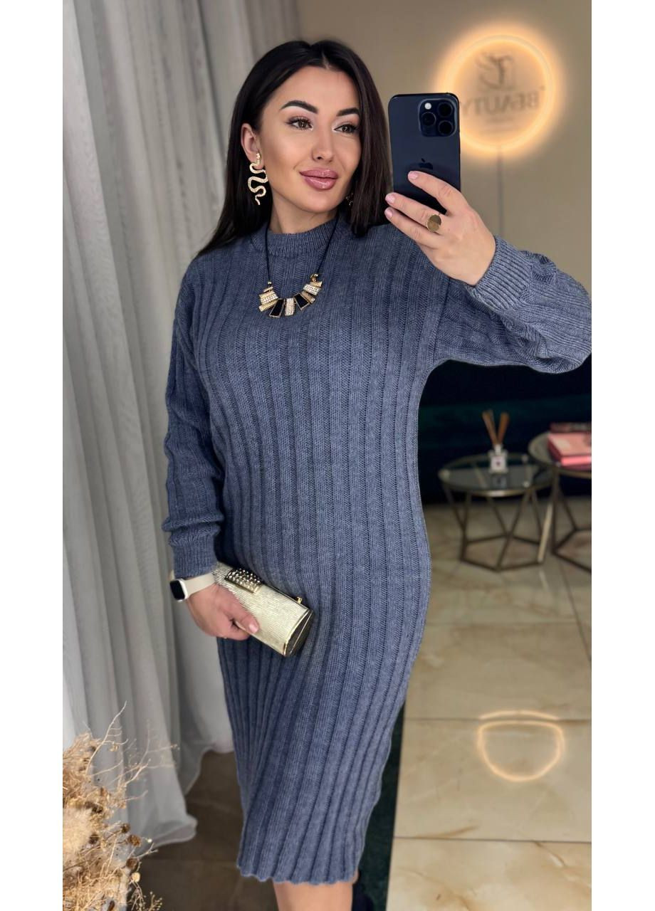 Синя святковий, повсякденний, кежуал жіноча в’язана сукня з напіввовни No Brand однотонна
