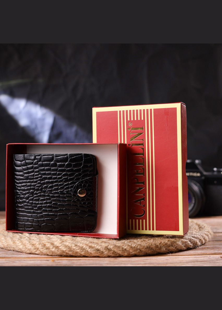 Стильное мужское портмоне в два сложения из натуральной фактурной кожи с тиснением под крокодила 21572 Черное Canpellini (298570738)