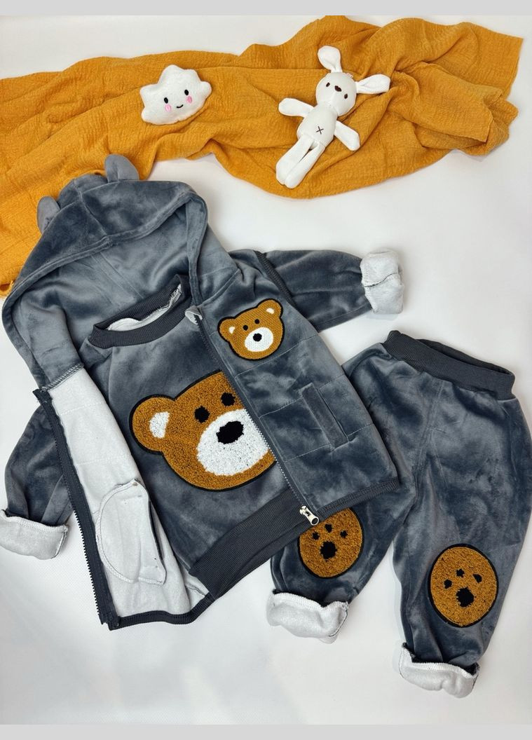 Сірий демісезонний костюм трійка ведмедик 4667 No Brand