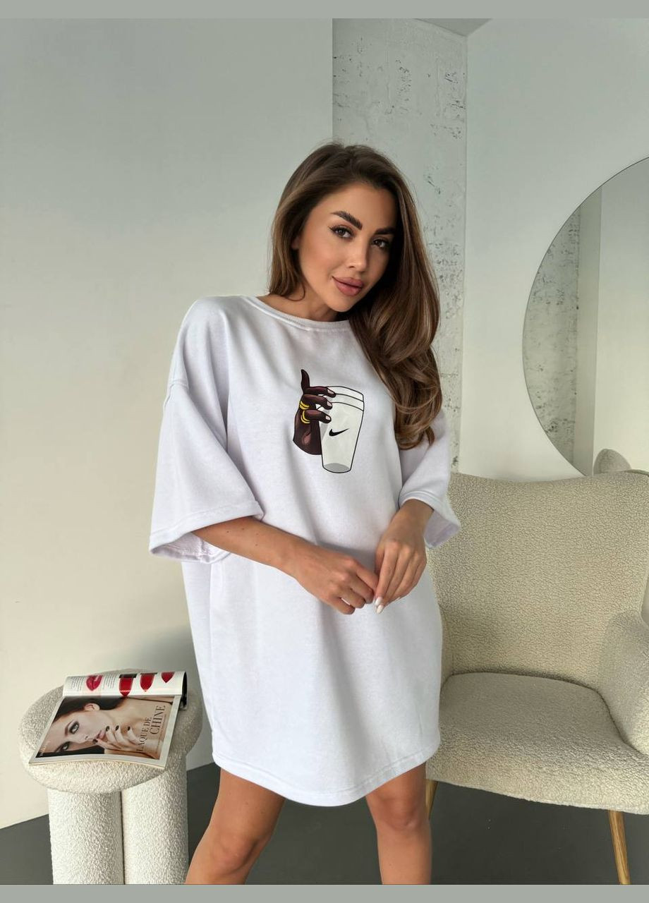Красива біла футболка з принтом кави на грудях із якісної тканини, однотонна oversize футболка No Brand 157-2 - (292311318)