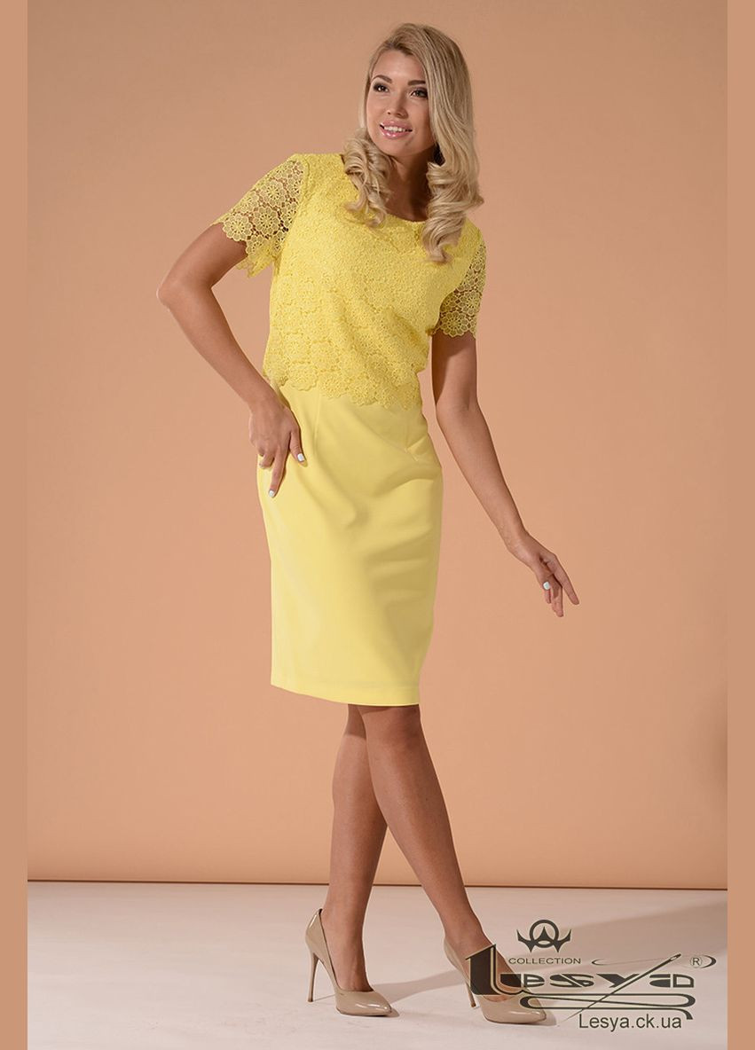 Желтое коктейльное платье женское нарядное жёлтое с натуральным кружевом 130623-1 Modna KAZKA