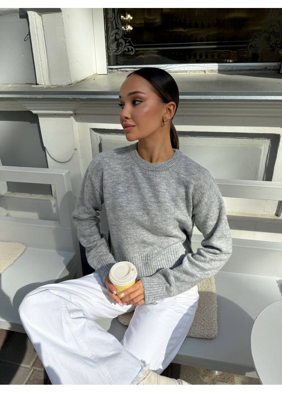 Серый демисезонный стильный укороченный свитер с боковыми разрезами, турция. GD/GL Модний простір