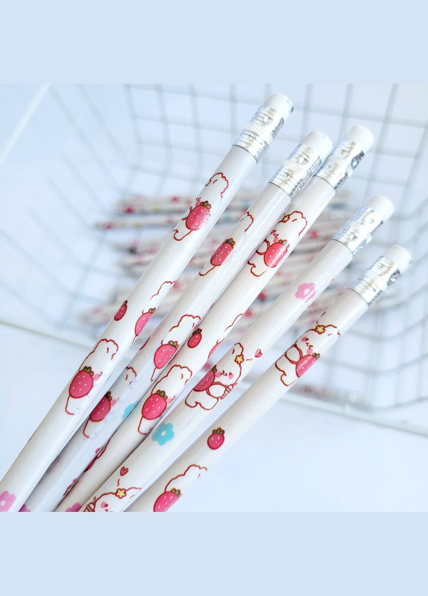 Простой чернографитный HB карандаш белый с рисунком зайчик с клубничкой No Brand (325880411)