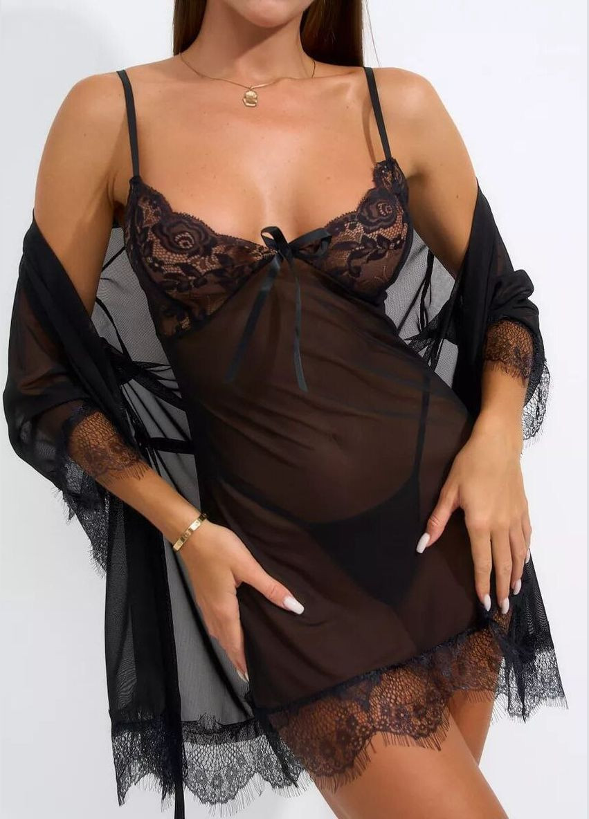 Женский домашний кружевной комплект тройка с пеньюаром халатом трусиками соблазнительный набор из кружева для женщин Cindylove (303282671)