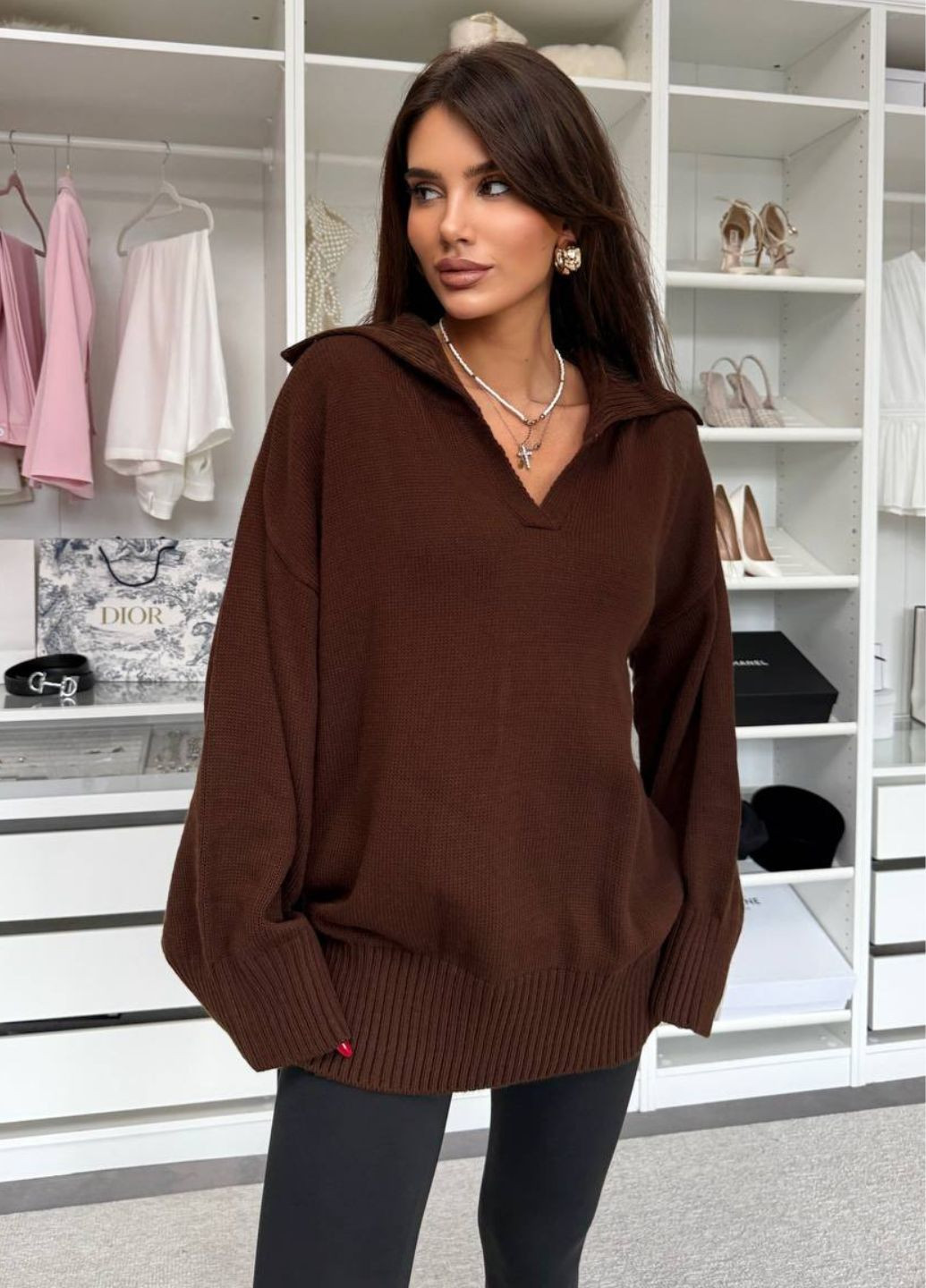 Коричневий демісезонний вишуканий повсякденний в'язаний демісезонний оверсайз светр з відкладним коміром Allthings