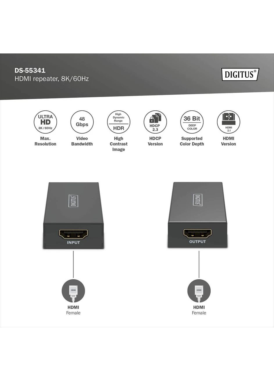 Повторитель HDMI, 8K/60 Гц (10 м 8K/60 Гц), (13 м 4K/60 Гц) Digitus (395411445)
