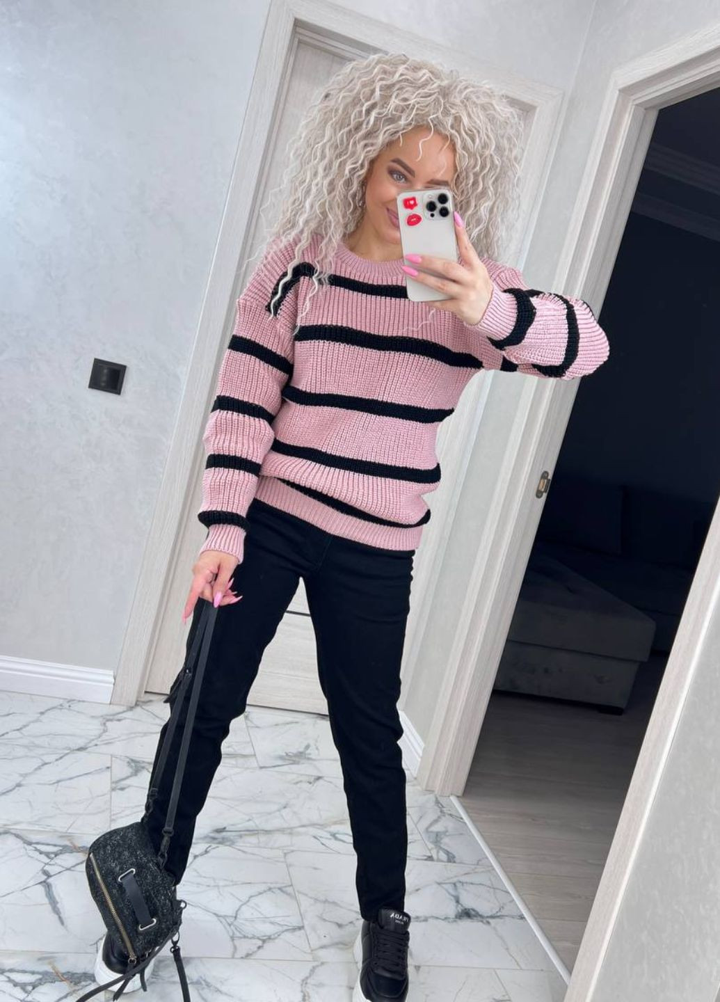 Розовый демисезонный вязаный женский свитер в полоску. джемпер Allthings
