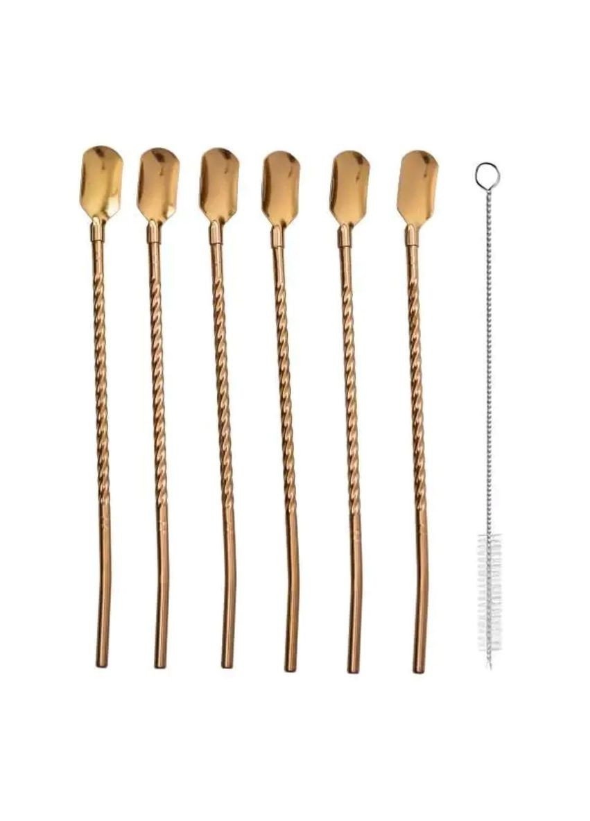 Набір багаторазових ложок-трубочок 6 шт для напоїв 22 см зі щіткою для миття з нержавіючої сталі Бронзовий HP-20-20 (A-033717) Yiwu (355889947)