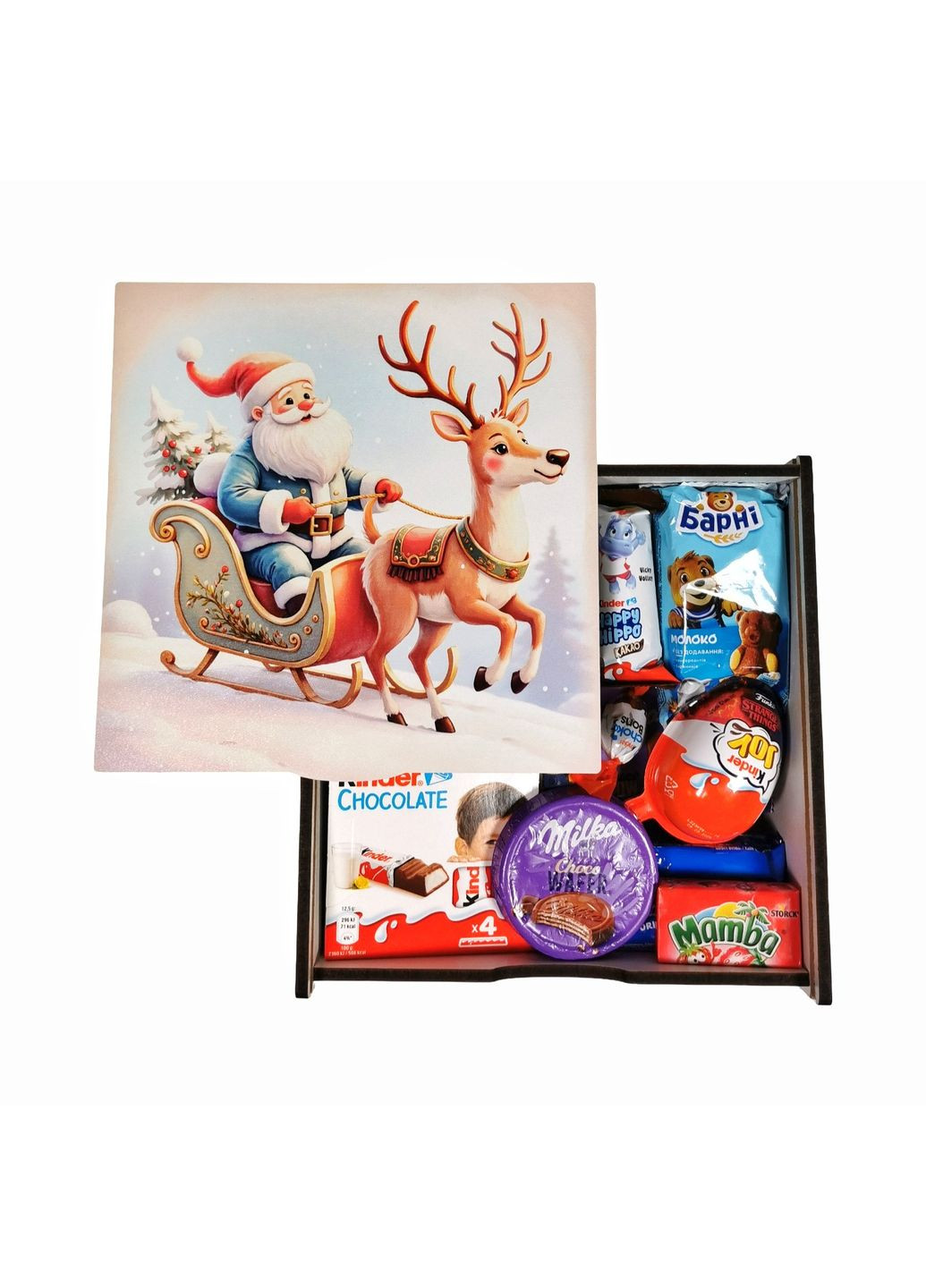 Подарок №43-2 Milkа & Kinder"Подарок для чемпиона" 860г (20х20х9см, в деревянной коробке) Унікальна цукерка (372656304)