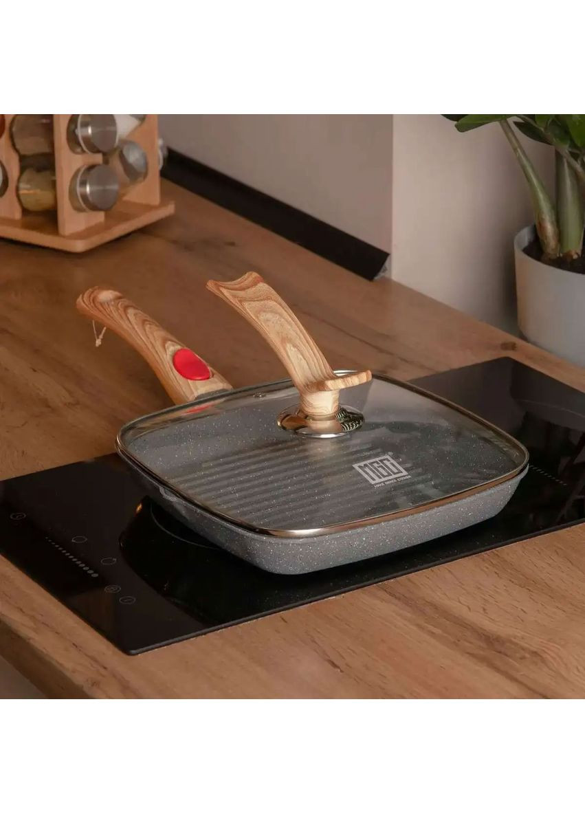 Алюминиевая сковорода-гриль 24 см со стеклянной крышкой Квадрат серый MGC (360455250)