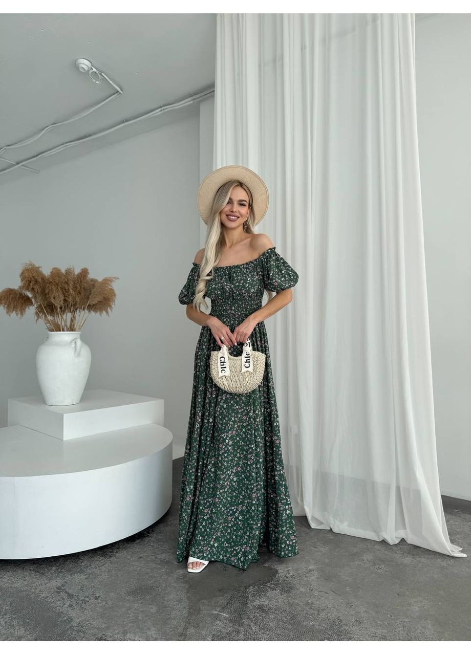 Зелена сукня максі в підлогу у рожеву квітку чорного кольору No Brand