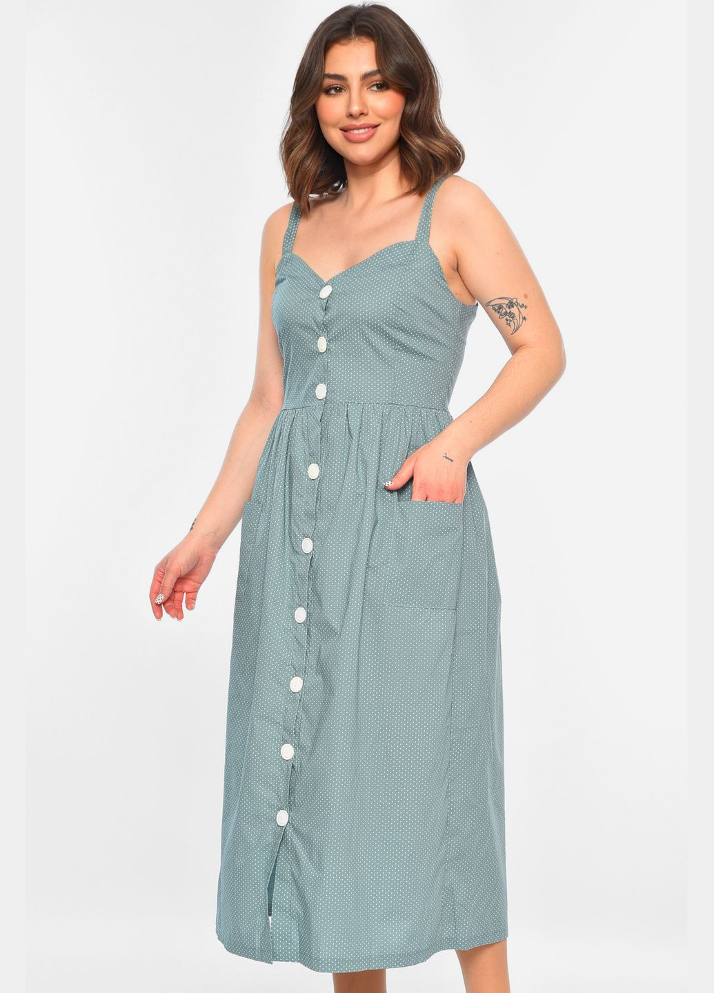 Летний женский сарафан женский зеленого цвета Let's Shop в горошек