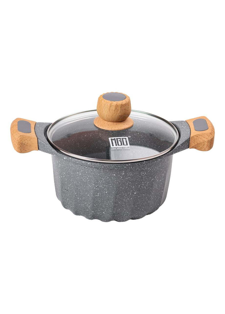 Алюминиевая кастрюля объемом 3 литра с крышкой Ø 20 см Мрамор с антипригарным покрытием серый HP-4-432G (A-033083) MGC (341307458)