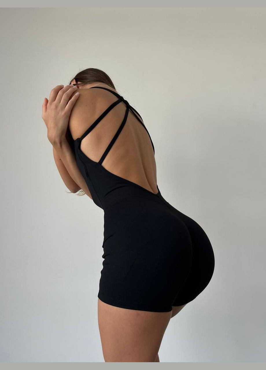 Спортивный комбинезон на тонких бретелях (короткий) с чашками и без пуш-ап, черного цвета, размер S Trends комбинезон-шорты однотонный чёрный спортивный