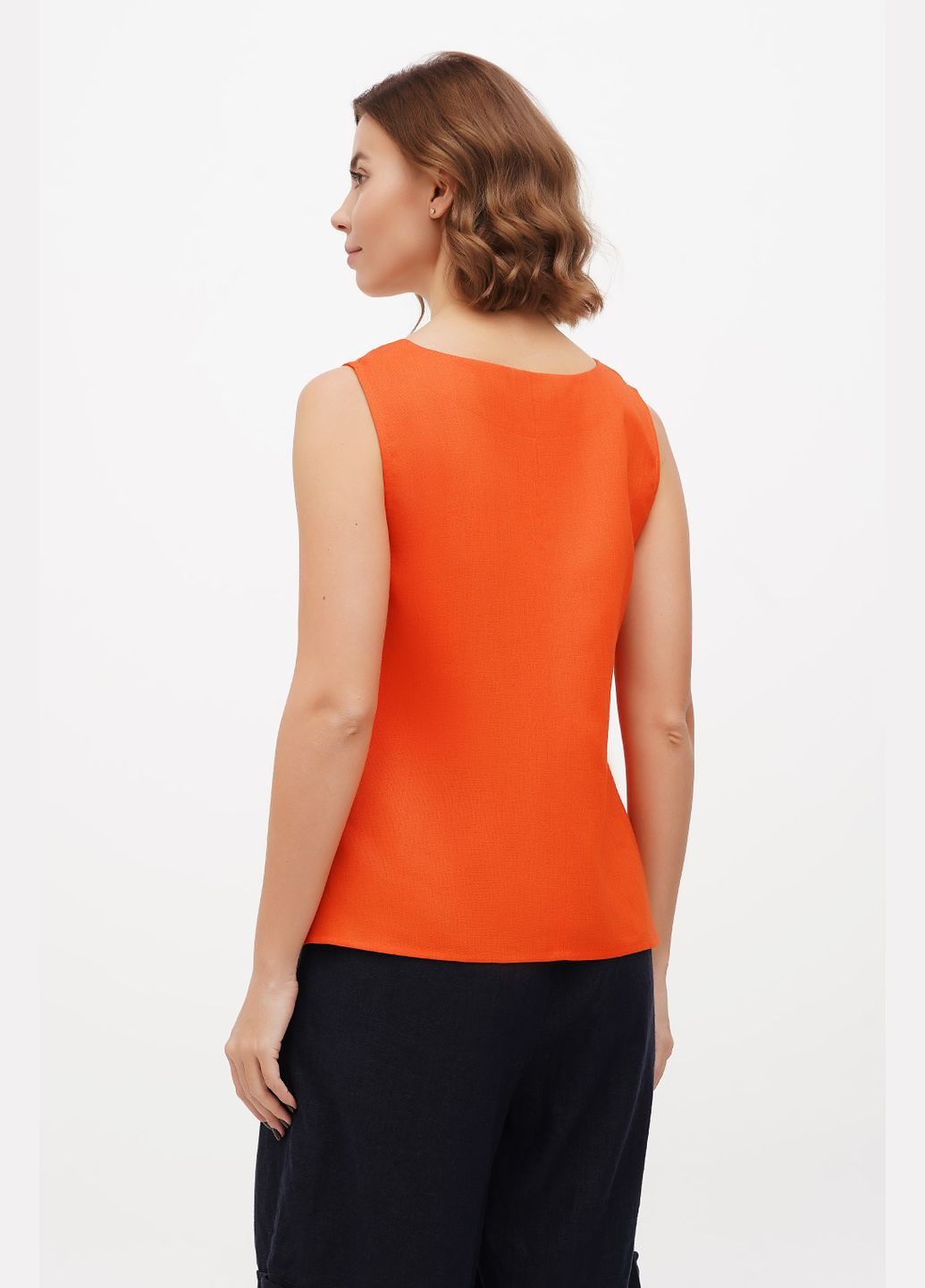 Помаранчева вишиванка. жіноча блуза з тонкого льону без рукавів з квітами белла., р., код 9414/44/320 ГАЛЕРЕЯ ЛЬОНУ