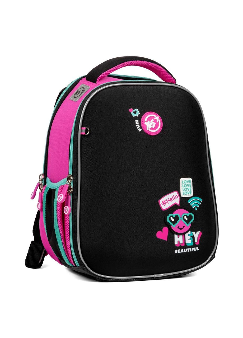 Школьный рюкзак, каркасный, два отделения, боковые карманы, размер: 35*28*15 см, черно-розовый Lovely Smile Yes (293510906)