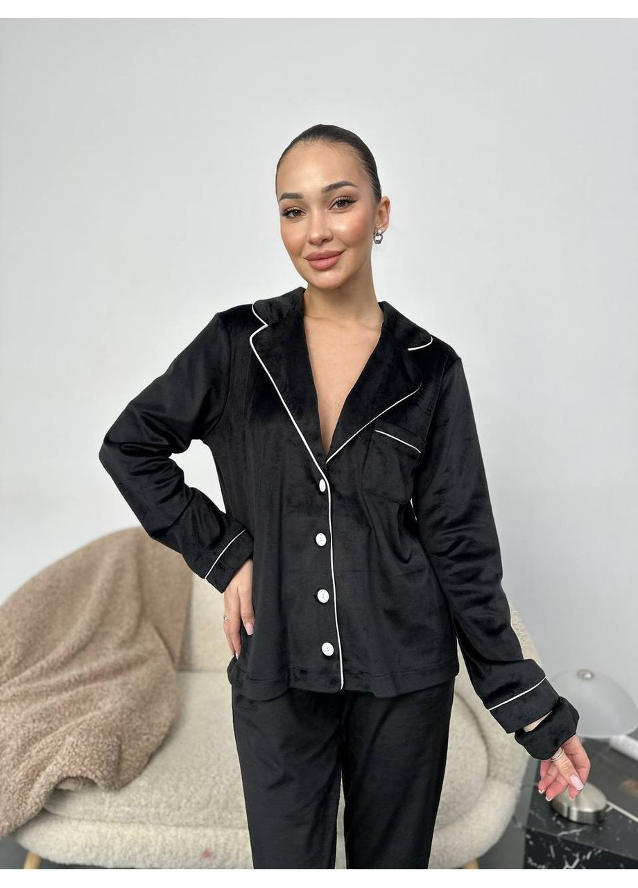 Черная пижама тройках рубашка,брюки,резинка,велюр домашний Україна