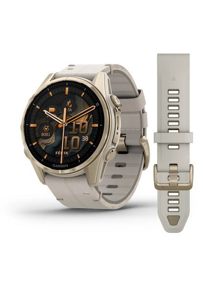 Смарт-годинник Fenix 8 43 мм AMOLED Сапфір Туманно-сірий/М'яке золото з шкіряним ремінцем QuickFit 20 мм Garmin (314978919)