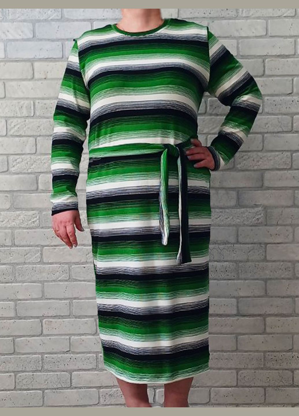 Зелена повсякденний сукня жіноча супер батал великого розміру з довгим рукавом, зимовий теплий акрил з поясом, в широку смужку No Brand в смужку