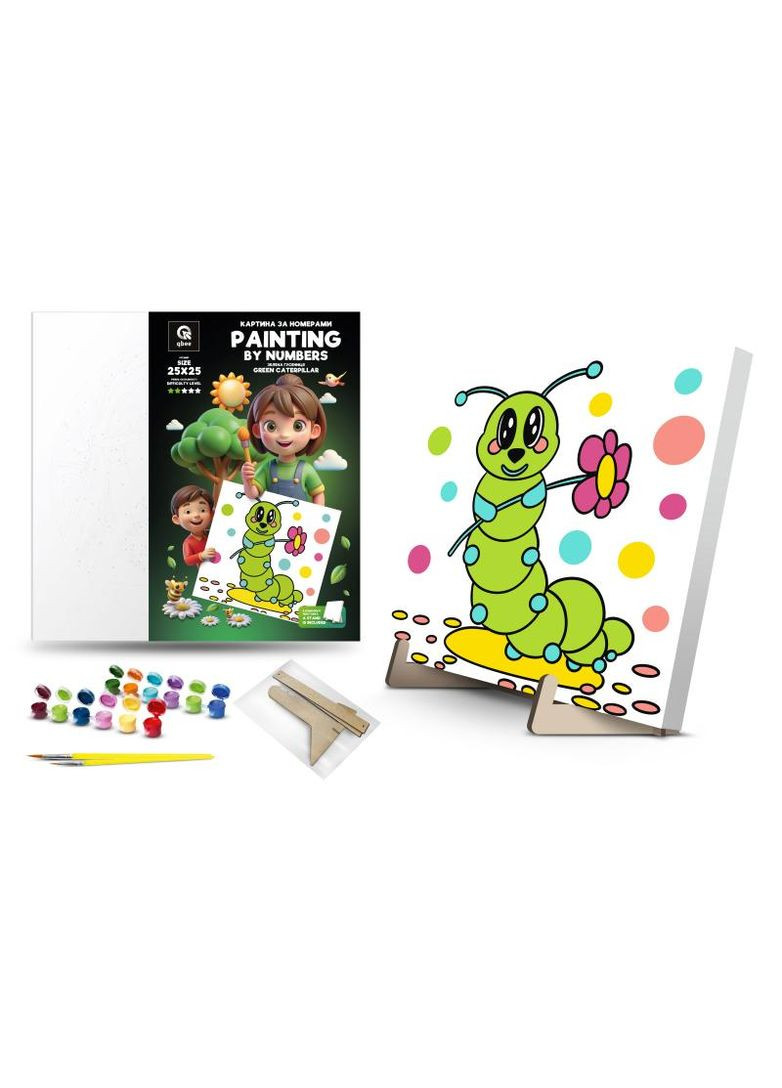 Набор для росписи по номерам 25х25 см. QB900-073 "Зеленая Гусеница" с деревянной подставкой. qbee (368709406)
