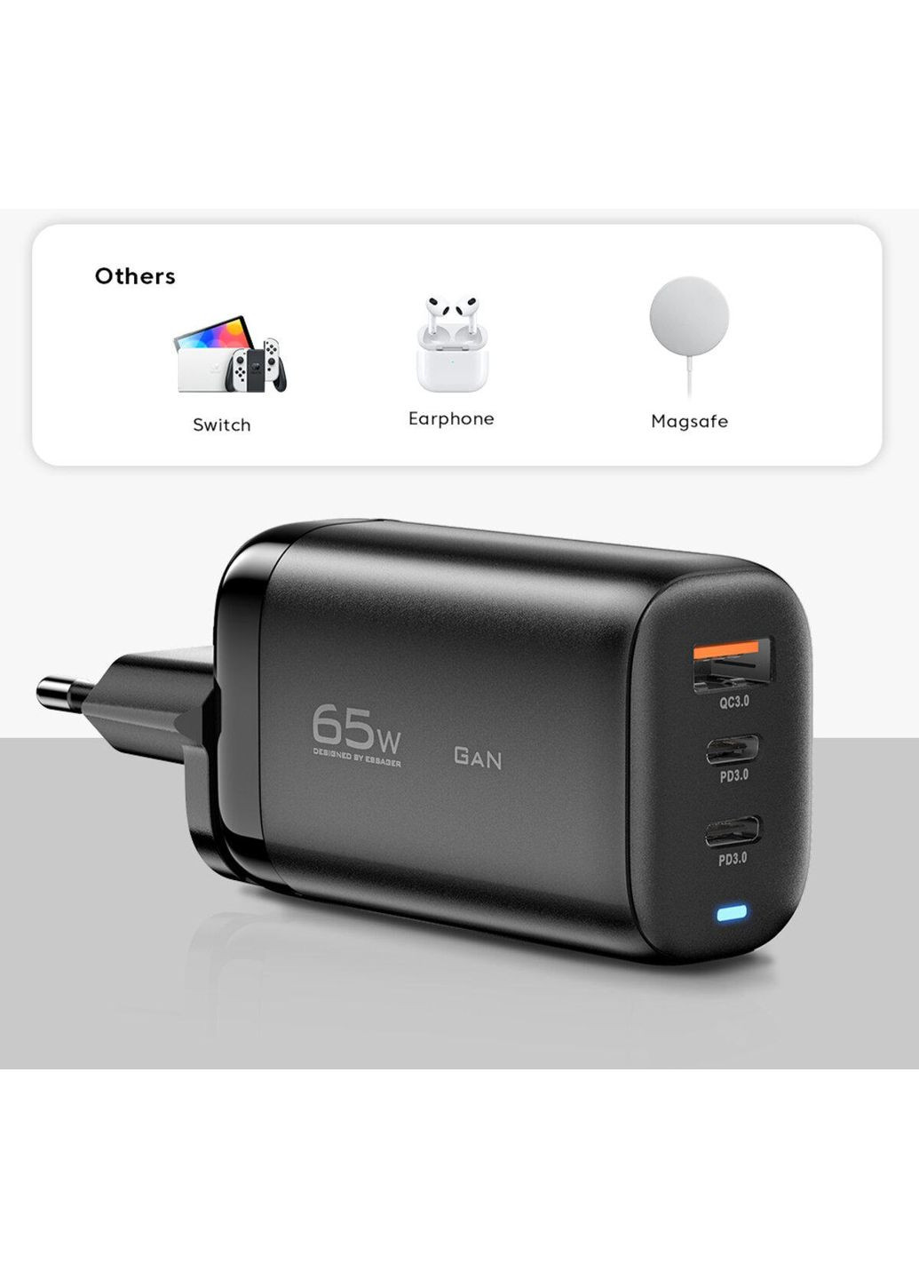 Мережевий зарядний пристрій Shining 65W GaN Travelling Charger 2 Type-c+USB-A EU black (ECT2CA-MYB01) Essager (355412637)