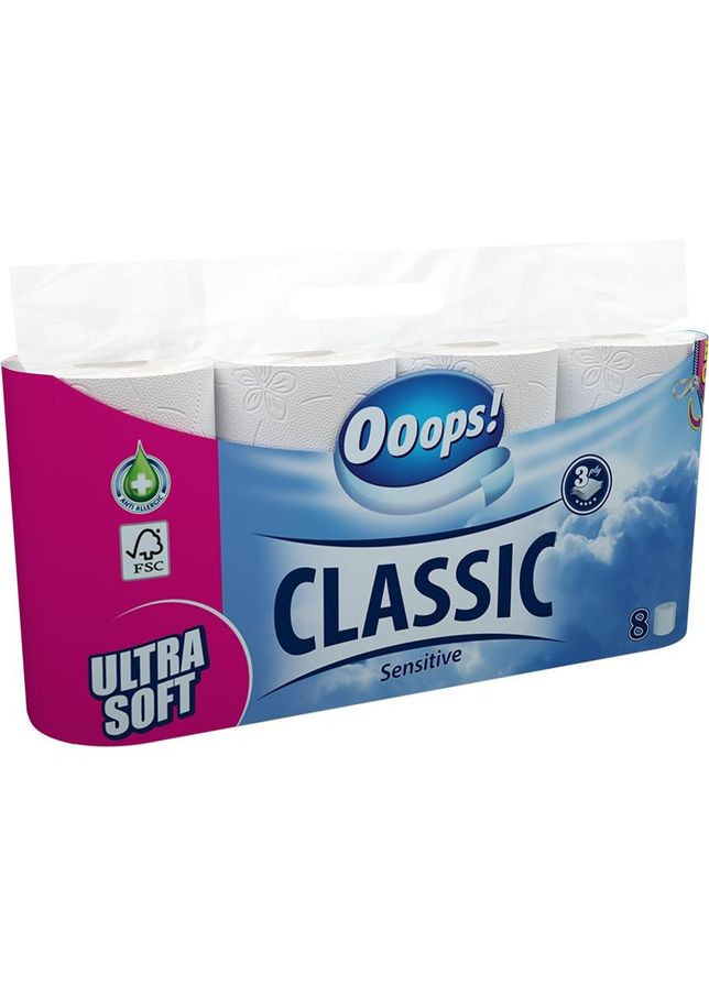 Туалетний папір ! Classic Sensitive, тришаровий, 8 рулонів ooops 704310 (335031216)