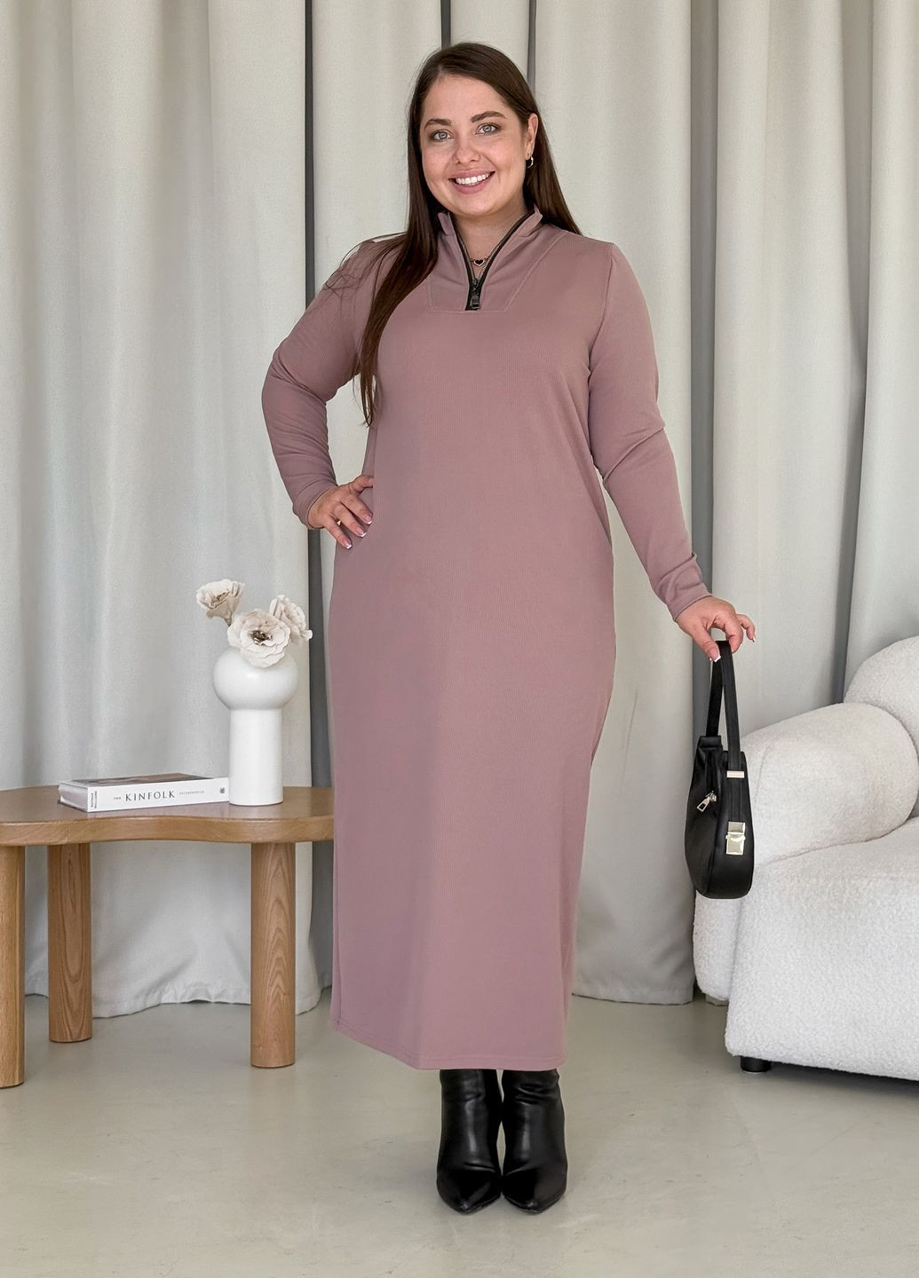 Бежева повсякденний зимова тепла довга вільна сукня на блискавці рубчик на флісі (солоха в подарунок) сукня-світшот, сукня-водолазка, сукня светр, силуетна Merlini однотонна