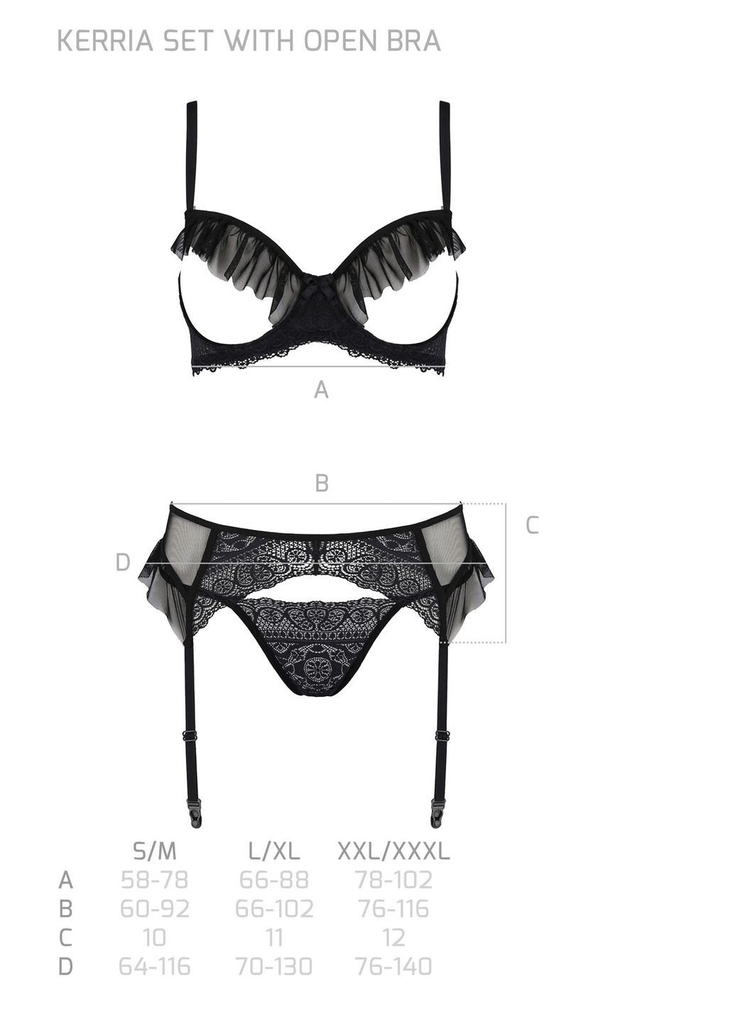 Комбінований демісезонний комплект kerria set with open bra black, s/m, бюстгальтер з відкритою чашкою, стрінги, пояс для панчіх Passion
