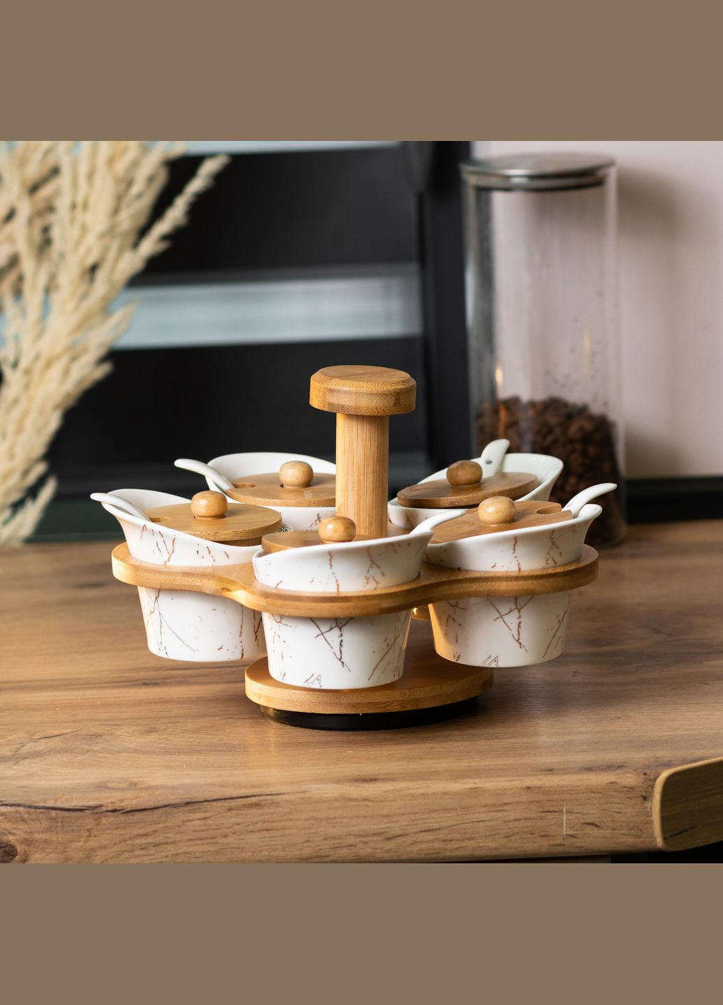 Набір баночок для сипучих продуктів 5 штук по 120 мл на підставці, що обертається, мармур Yiwu (328602852)