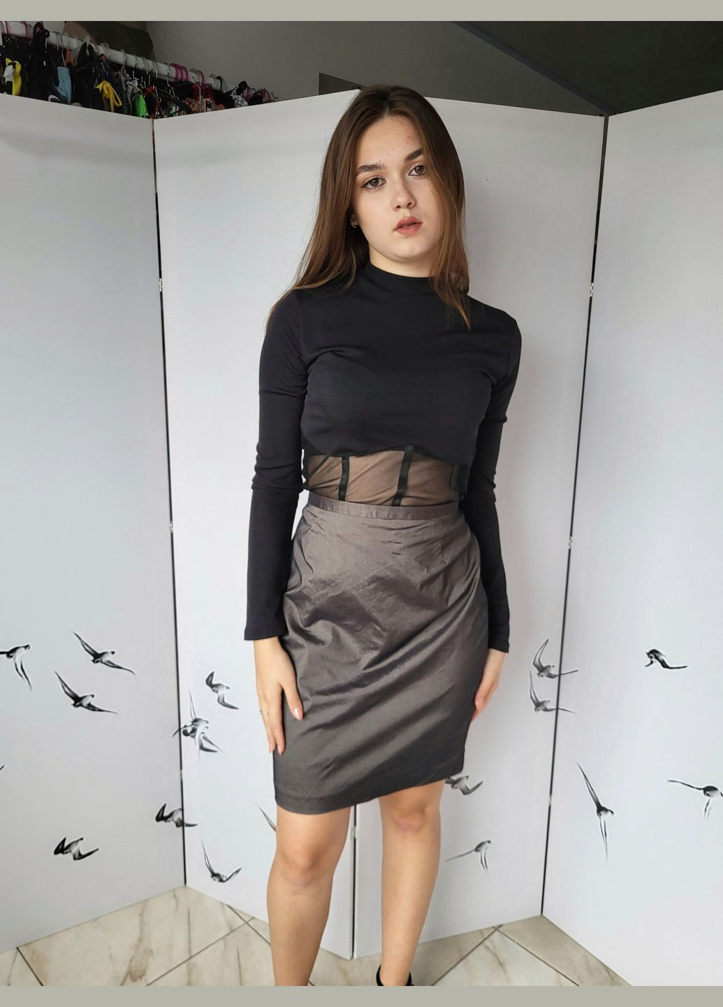 Серая юбка женская мини однотонная блестящая Best