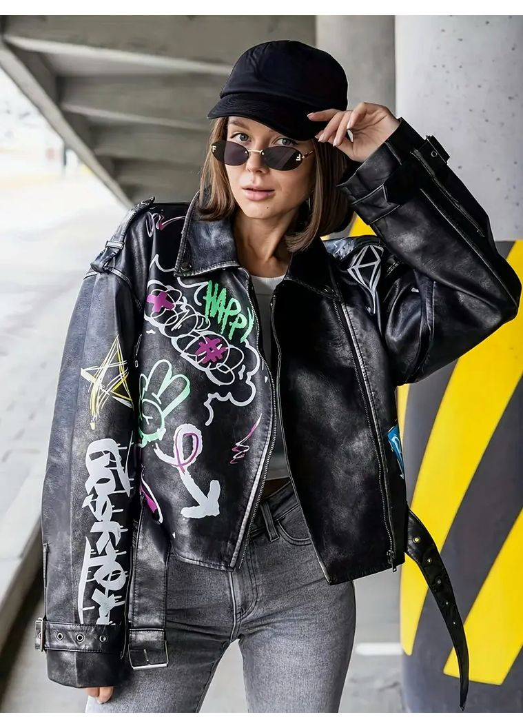 Черная демисезонная женская черная куртка-косуха с яркими надписями из искусственной кожи - xs/s No Brand